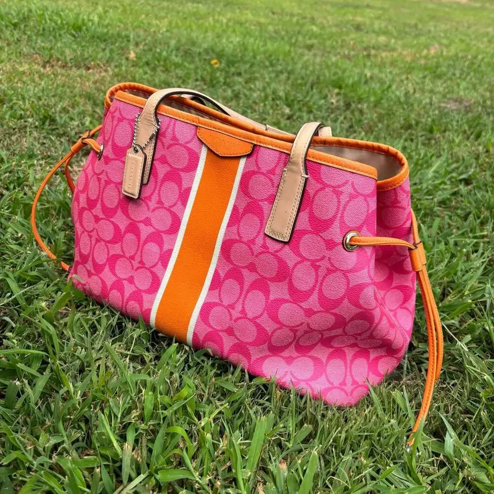 Coach Signature Canvas Drawstring Tote in Pink and Orange